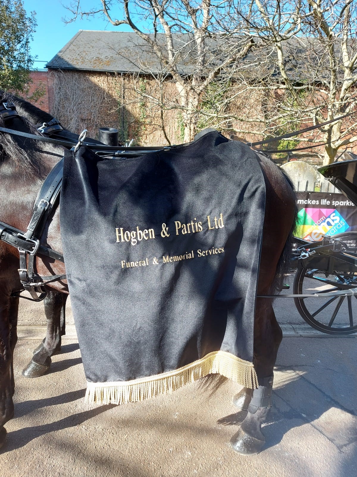 Black horse drawn carriage with Hogben & Partis horse cover on the horse